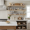 Organized pantry, labeled containers with grains, calm neutral kitchen