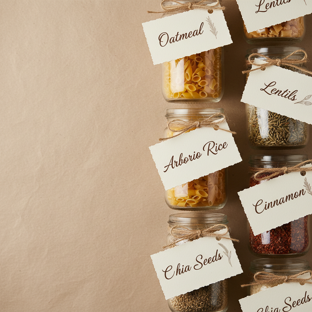 Elegant storage labels beside glass jars, beige paper background
