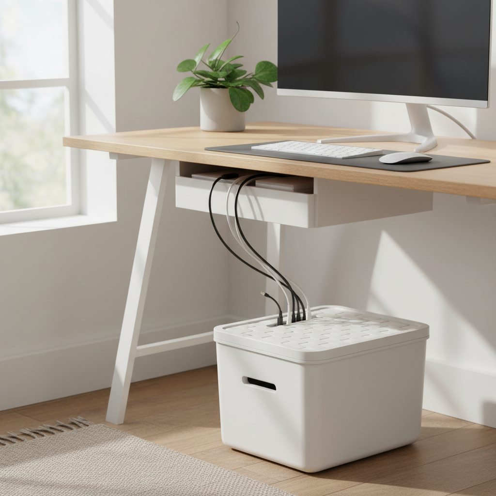 White cable organizer with hidden cords, soft daylight home office