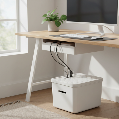 White cable organizer with hidden cords, soft daylight home office