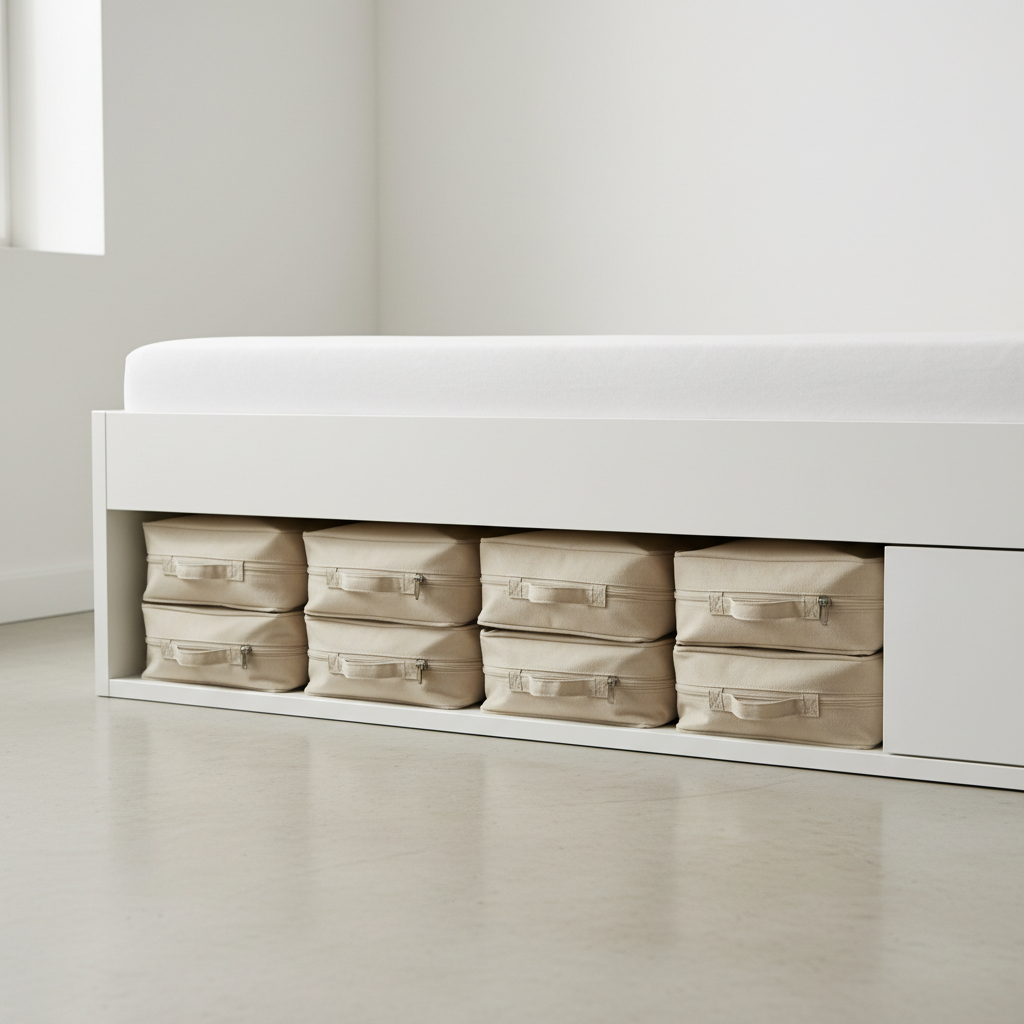 Beige zip storage bags neatly stacked under minimal white bed
