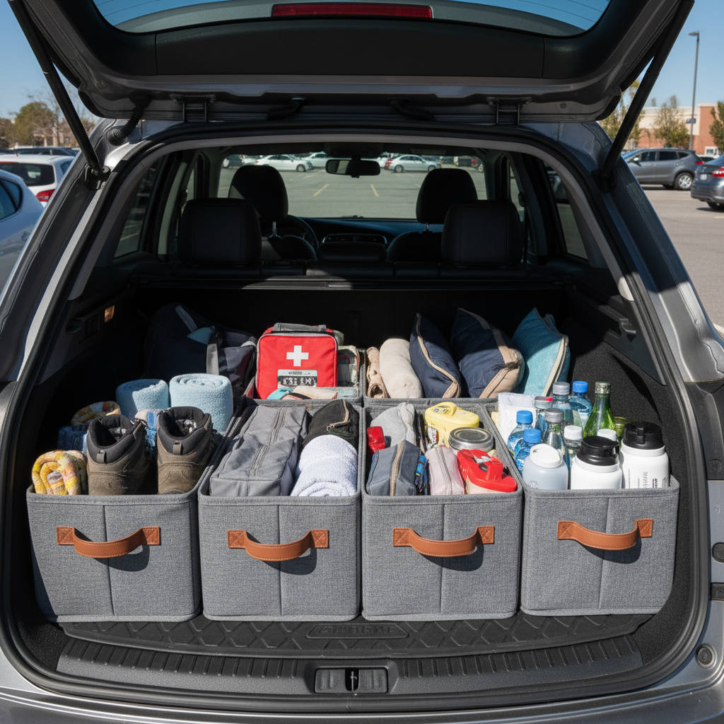 Neat trunk bins with travel essentials, daylight parking lot
