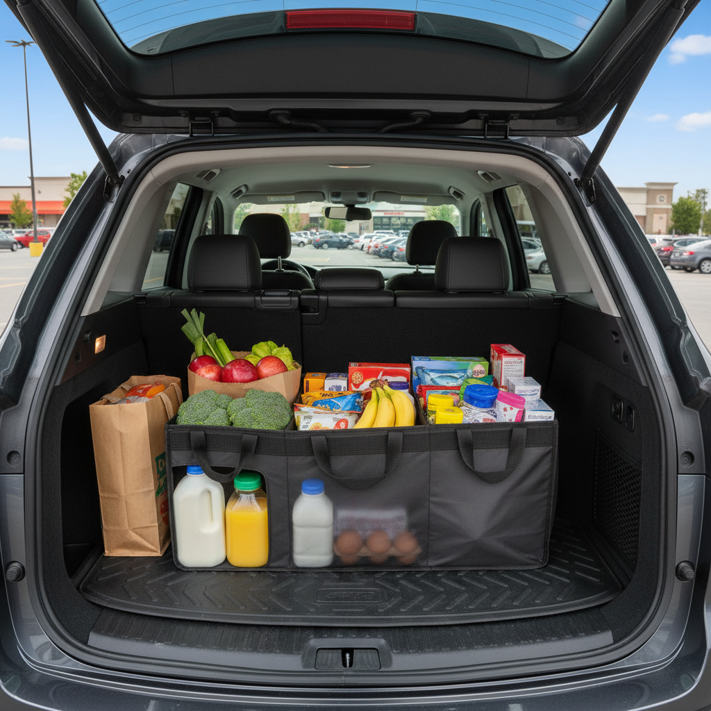 Foldable car trunk organizer with groceries, open SUV trunk