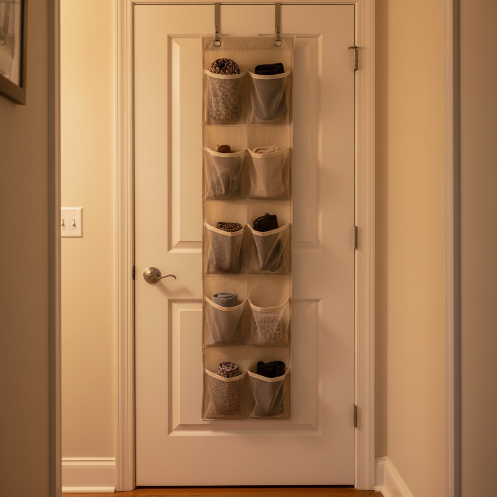 Slim over-door organizer on white door, warm hallway light