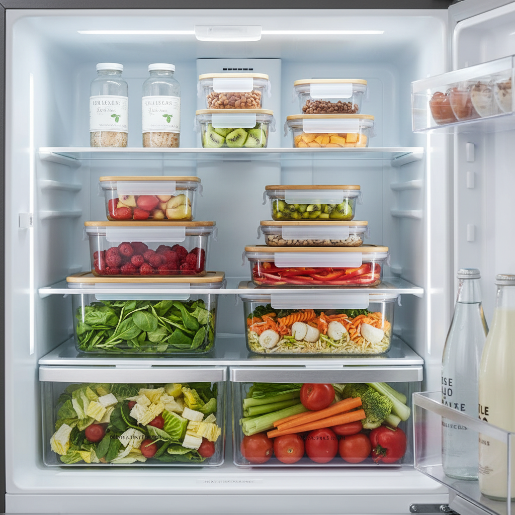 Stacked food storage set in organized fridge, cool clean lighting