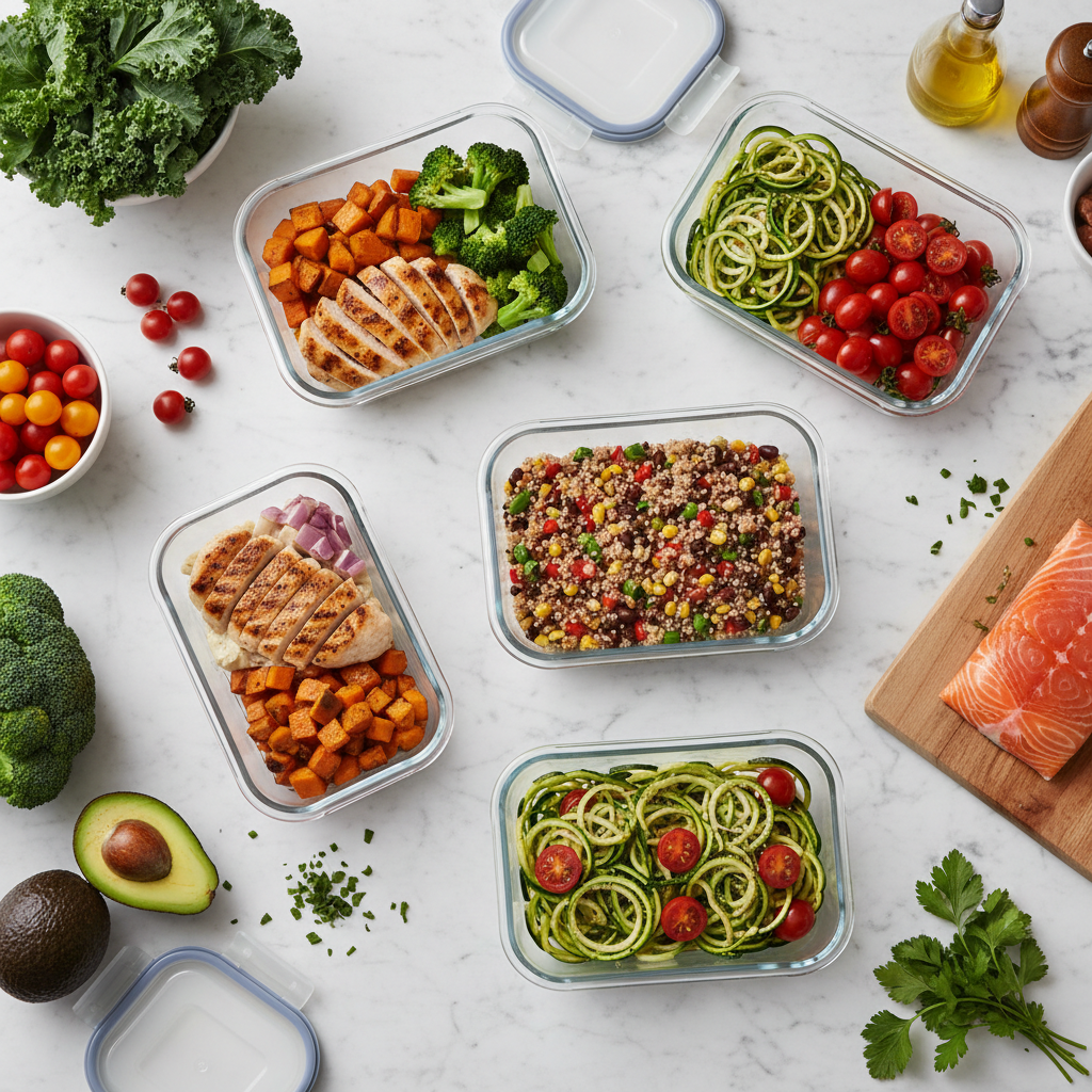 Glass meal prep containers on marble counter, fresh ingredients