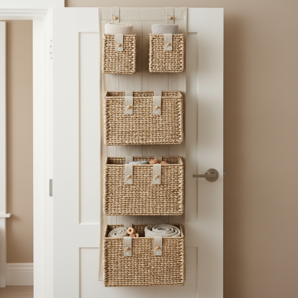 Neutral fabric door rack with baskets, soft beige wall background