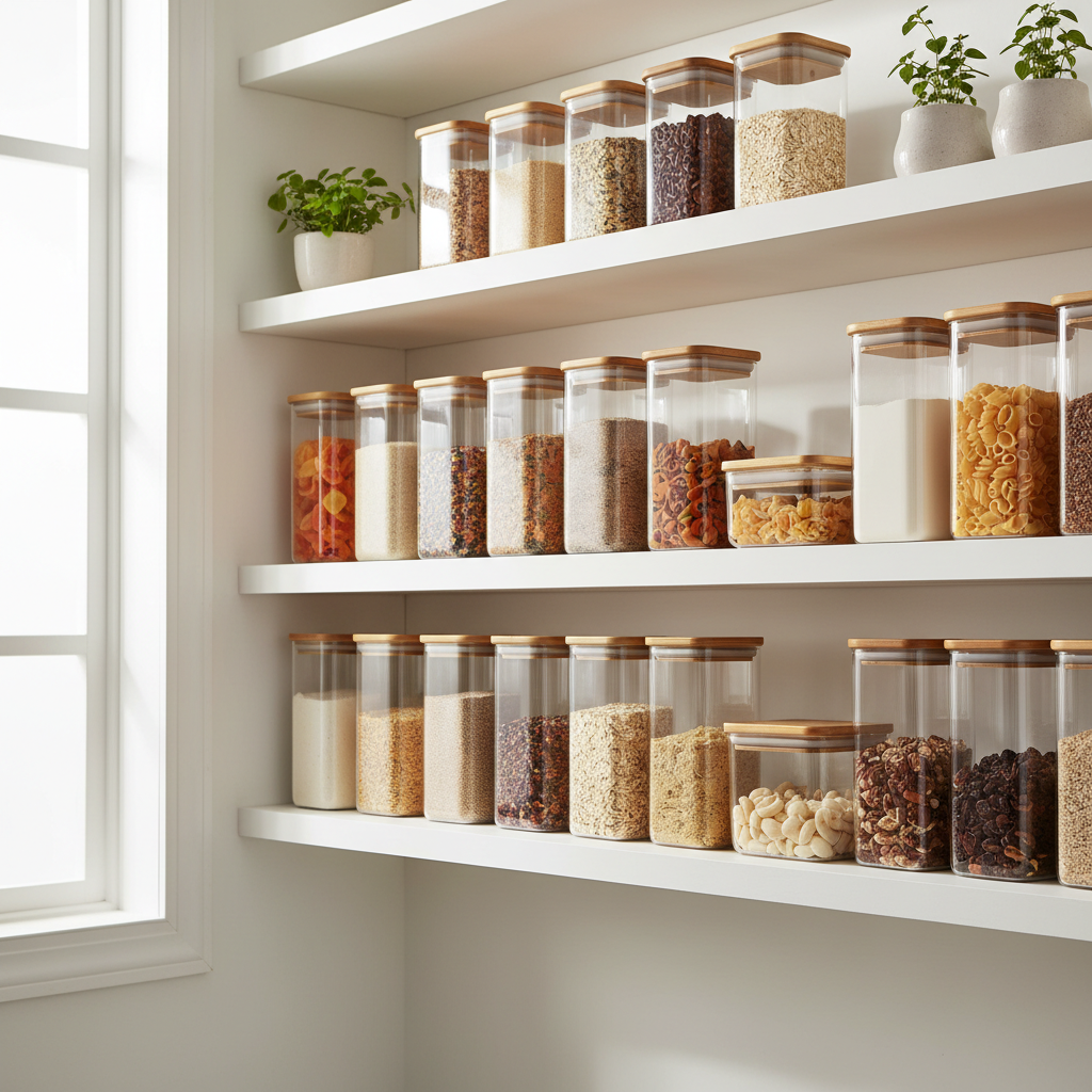 Clear modular pantry containers on white shelf, soft natural light