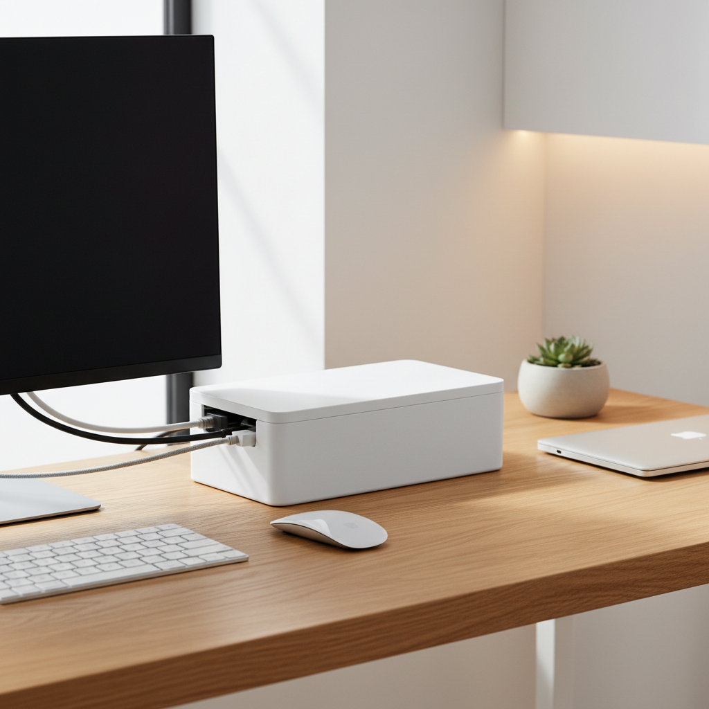 Minimal cable box on oak desk, clean tech workspace
