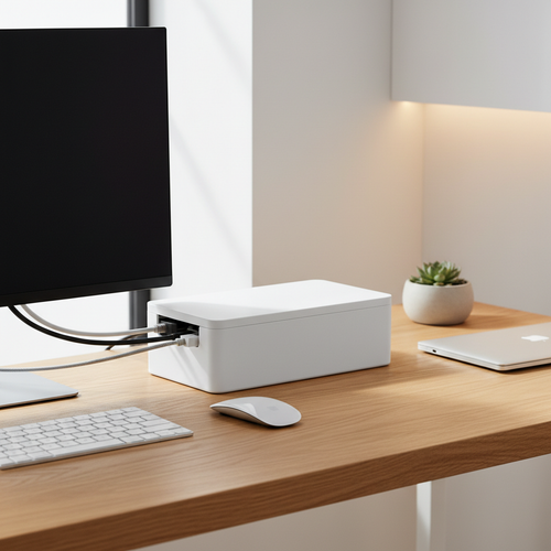 Minimal cable box on oak desk, clean tech workspace